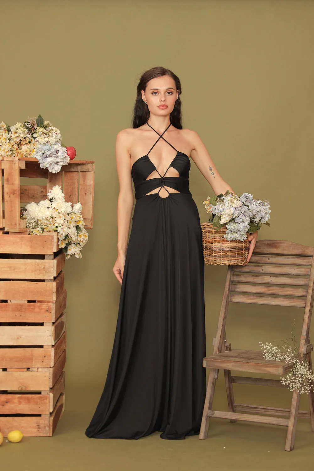 CAPUCINE Tie Front Multiway Halter Stretch Maxi Dress (Black)