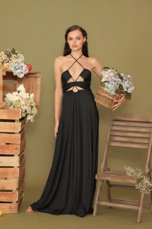 CAPUCINE Tie Front Multiway Halter Stretch Maxi Dress (Black)