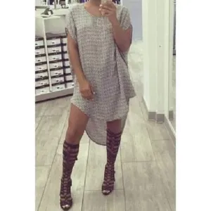 Casual Scoop Neck Short Sleeve Asymmetric Gray Knitted Dress For Women - Gray M