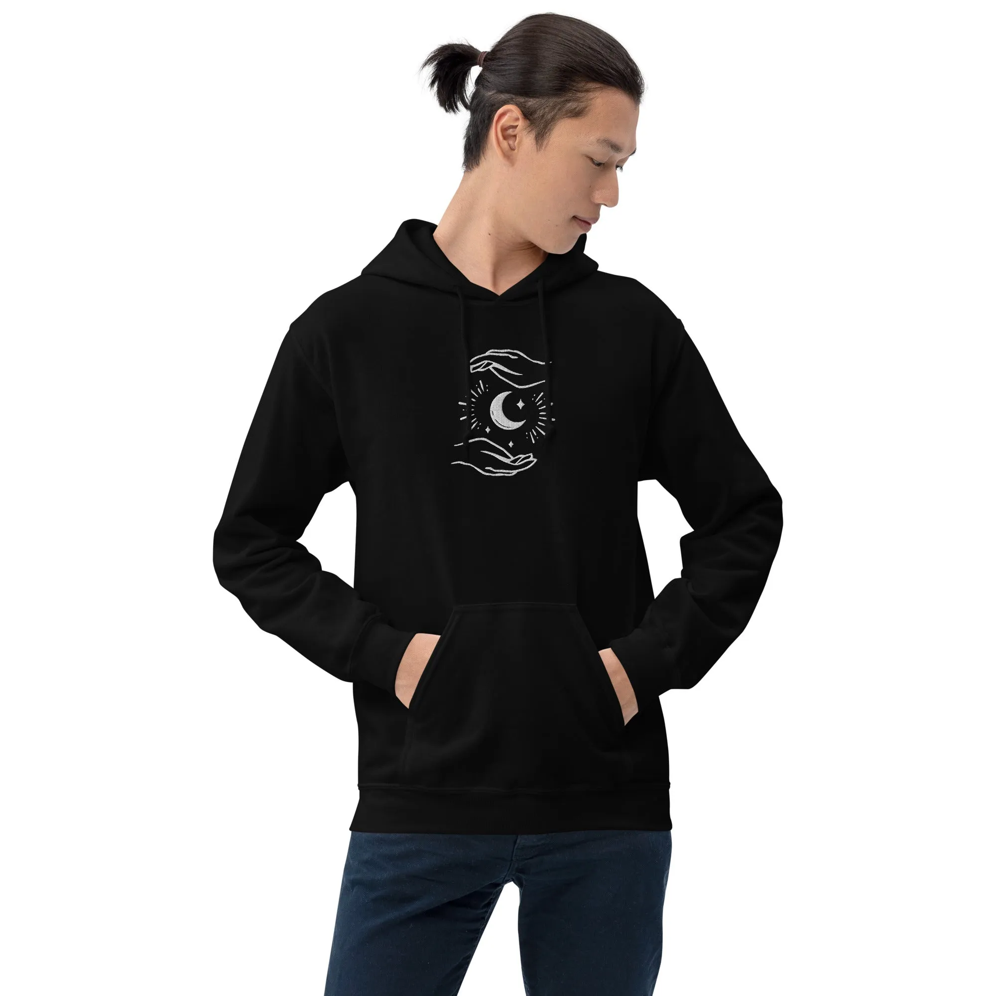 Celestial Hands Moon Embroidered Unisex Hoodie