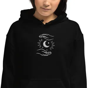 Celestial Hands Moon Embroidered Unisex Hoodie