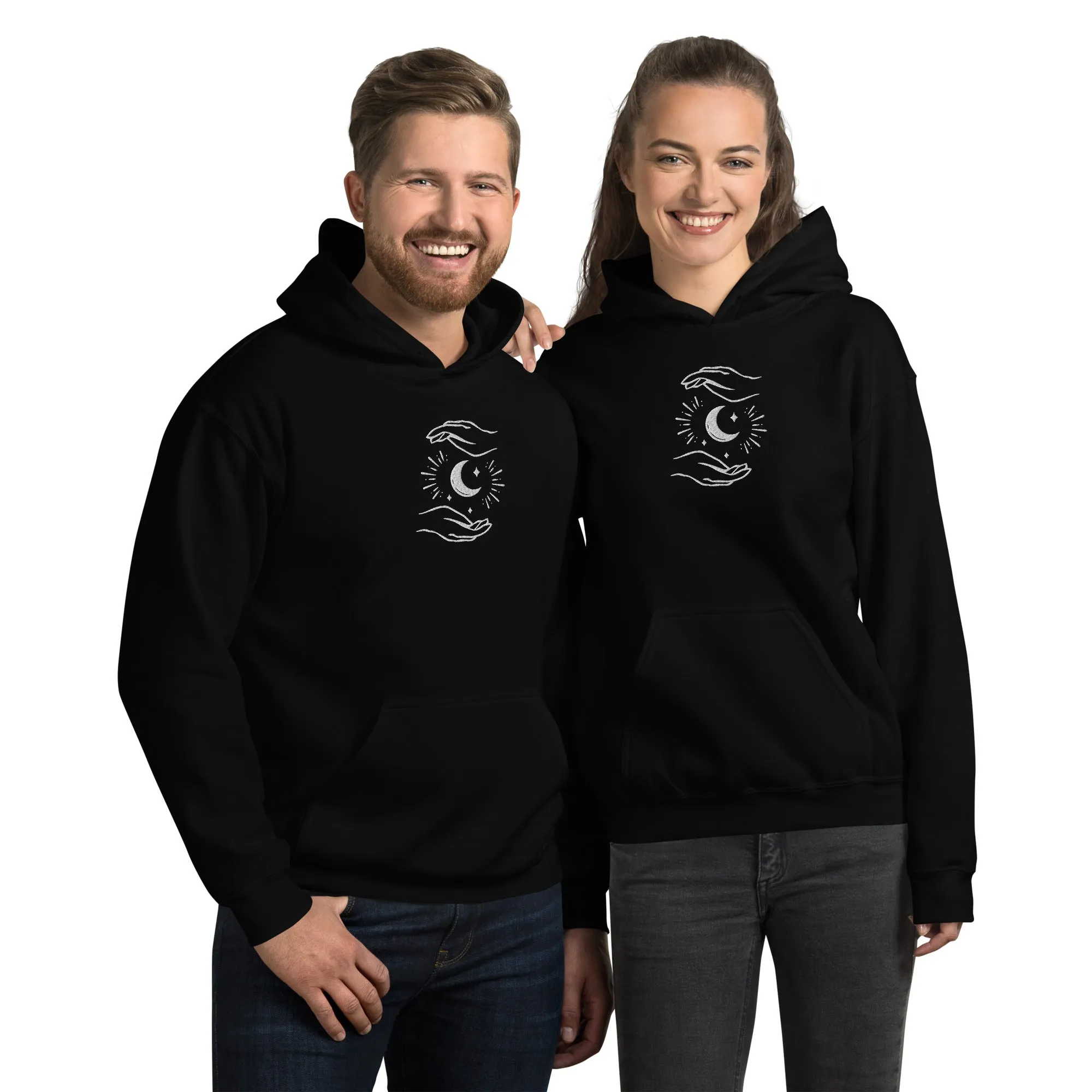 Celestial Hands Moon Embroidered Unisex Hoodie