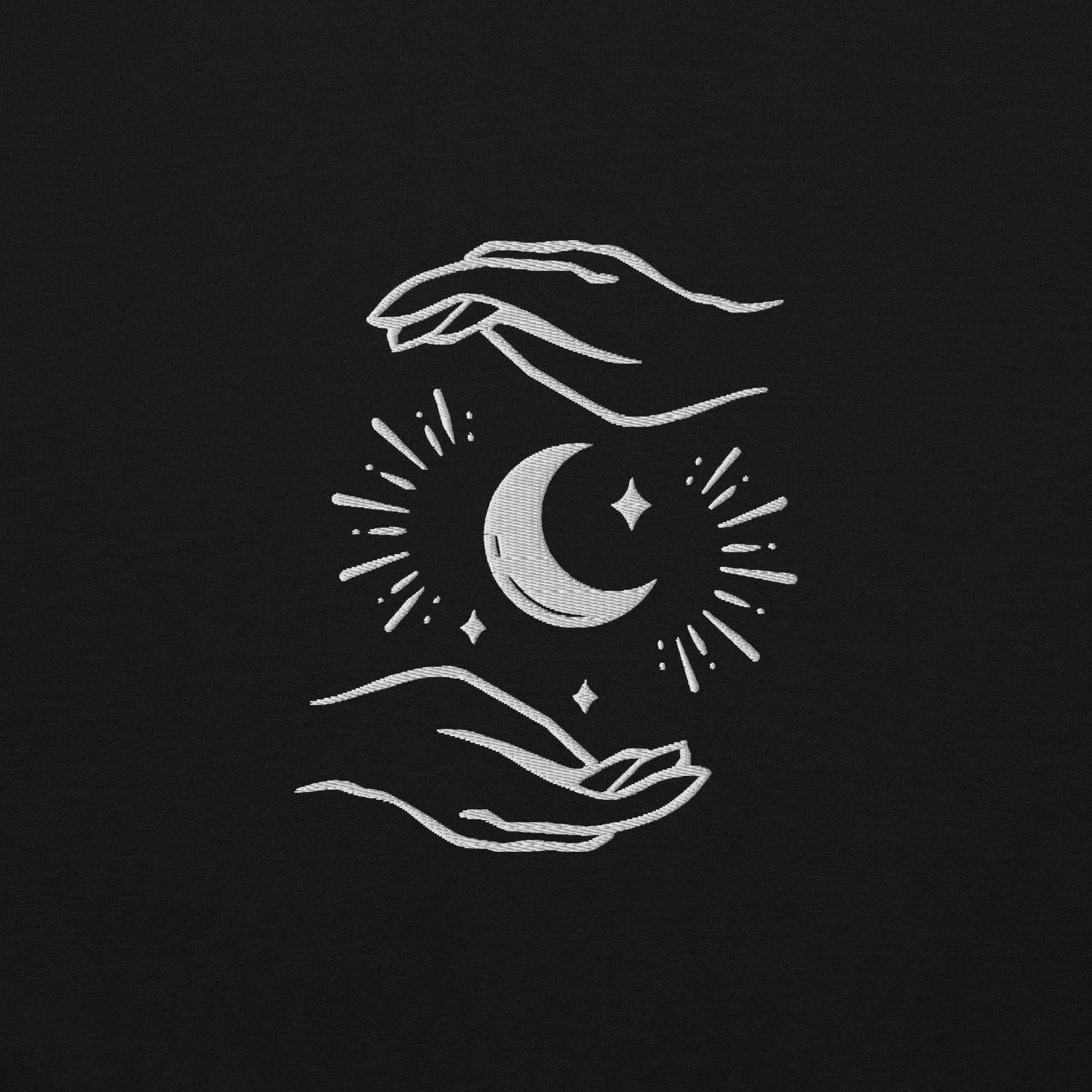 Celestial Hands Moon Embroidered Unisex Hoodie