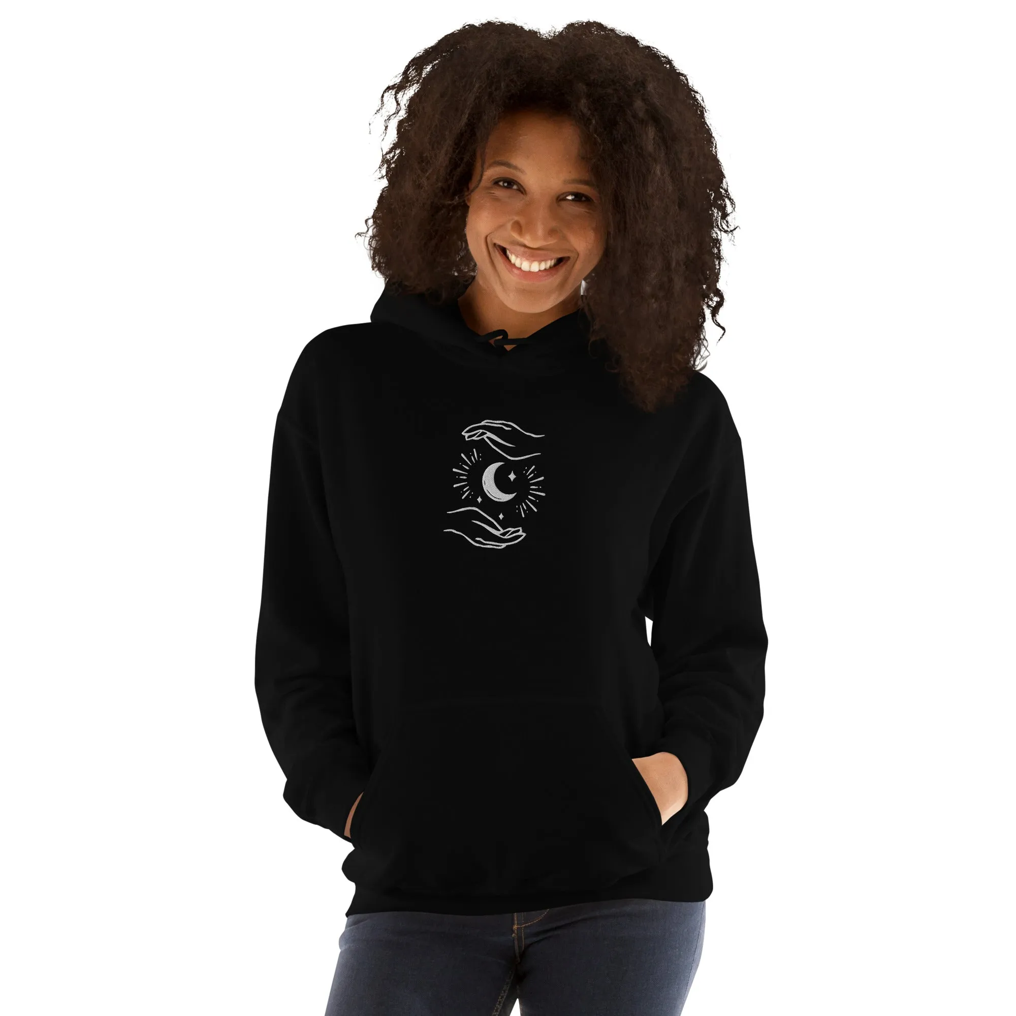 Celestial Hands Moon Embroidered Unisex Hoodie
