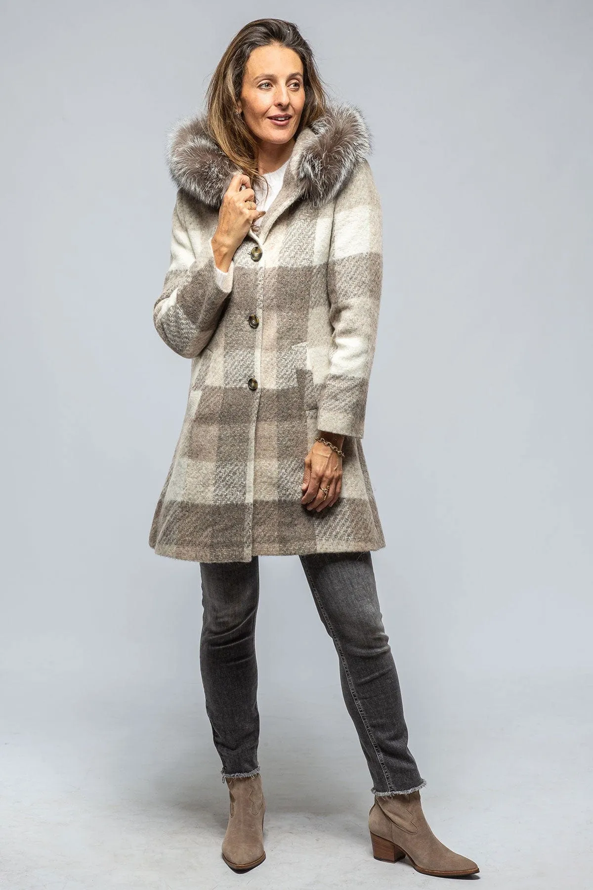 Celine Plaid Coat W/ Fur Trim Hood In Beige