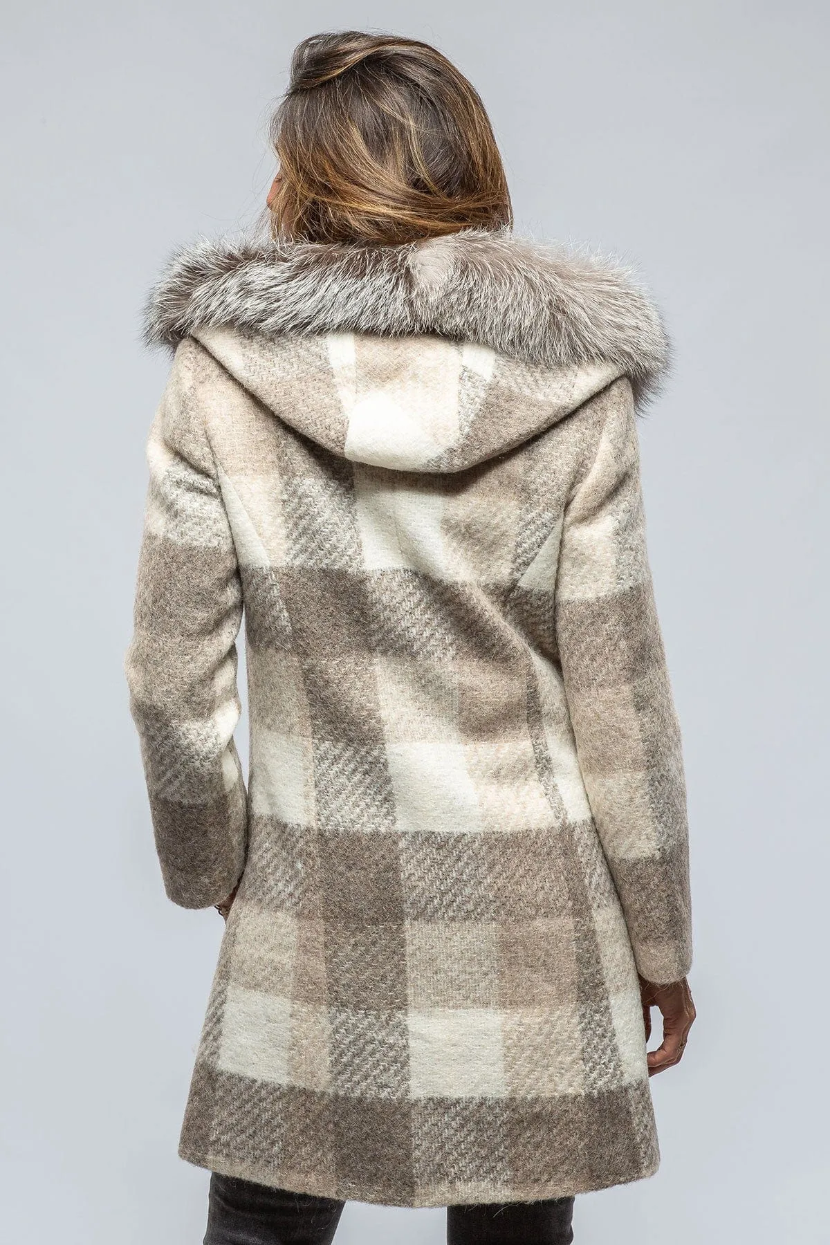 Celine Plaid Coat W/ Fur Trim Hood In Beige