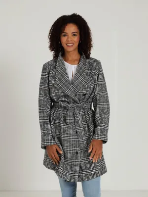 Check Belted Coat - Black/White