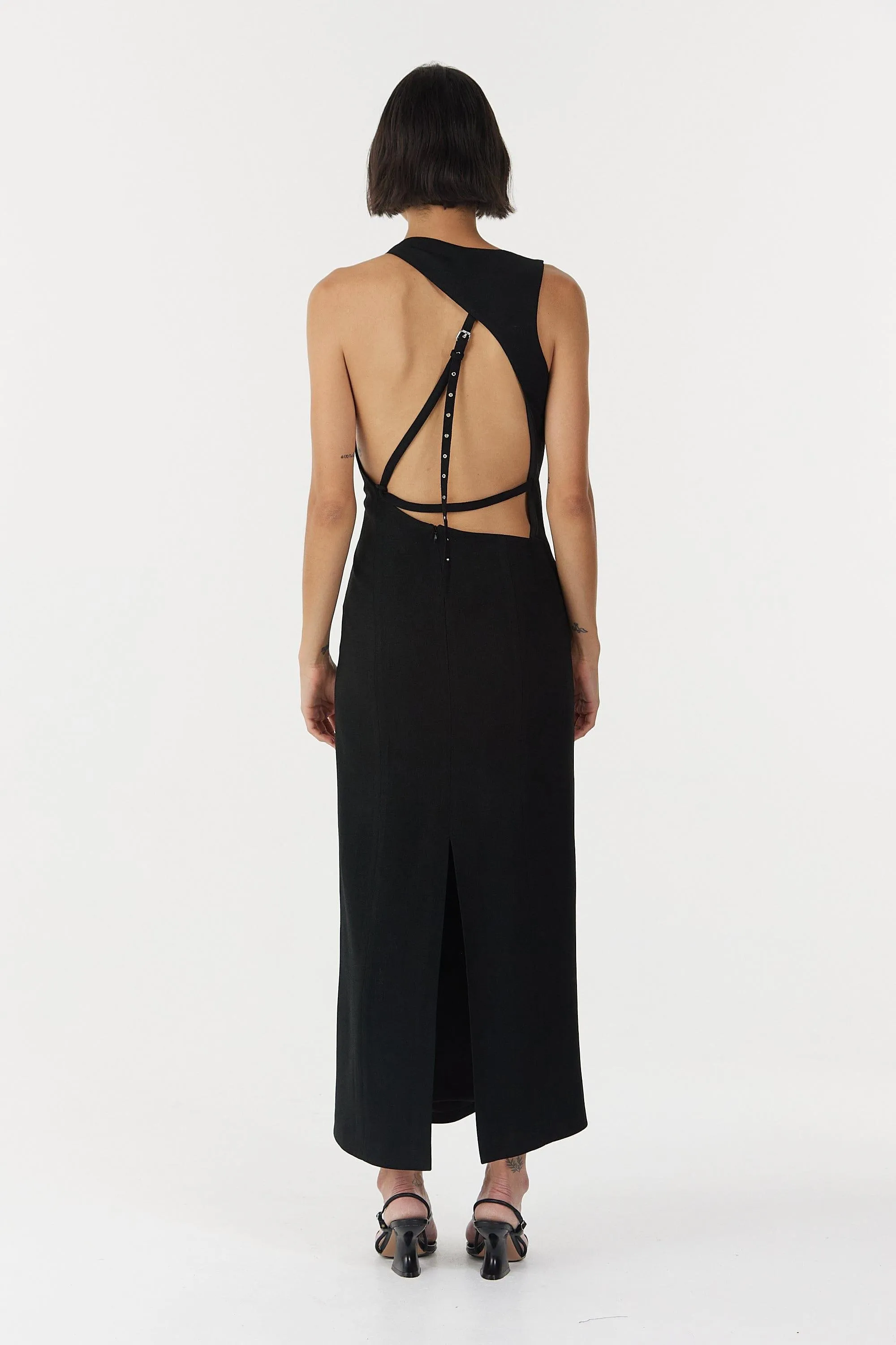 CHROME VISION OPEN BACK DRESS | BLACK