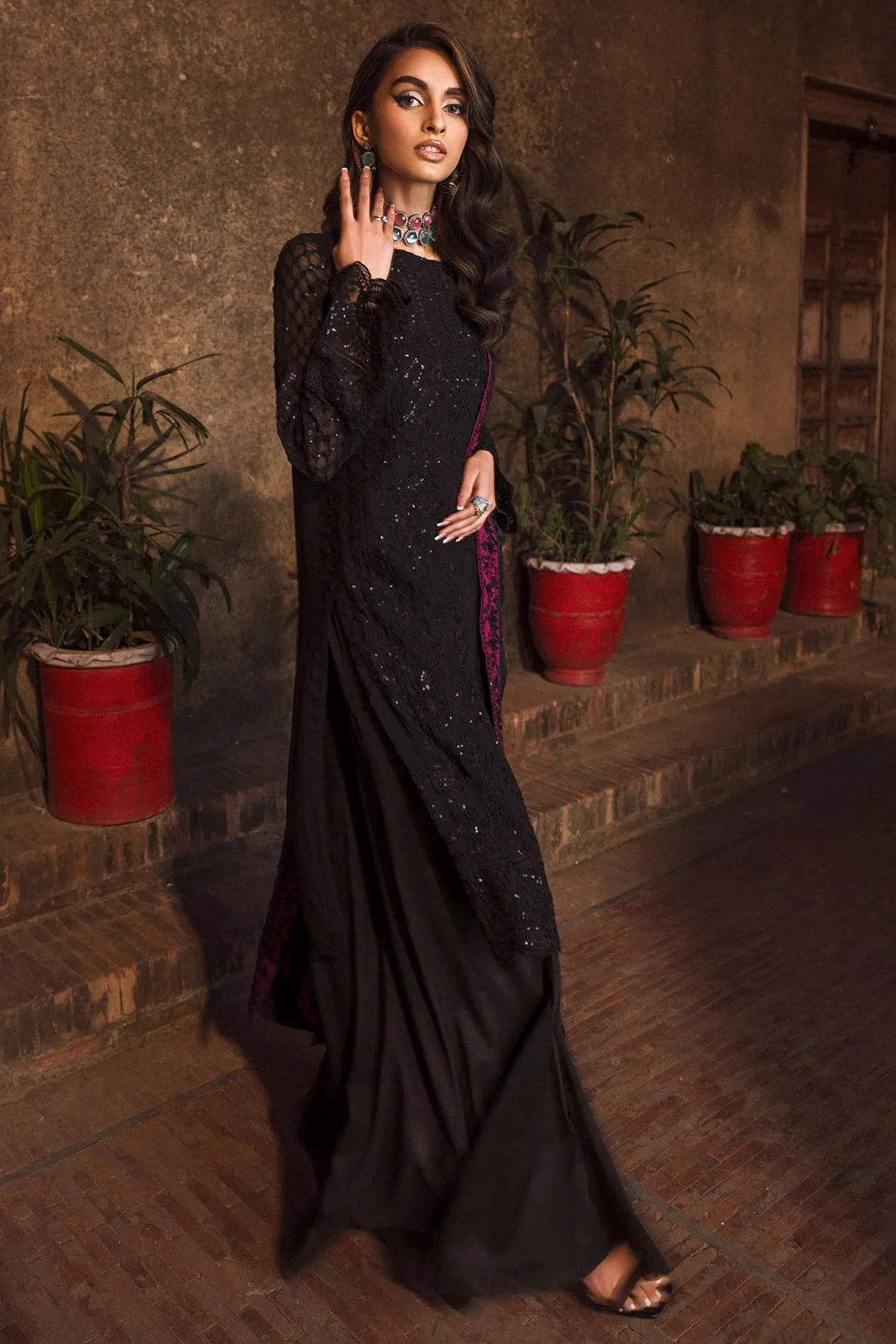 Classic Dark Black Embroidered Chiffon Pakistani Salwar Kameez