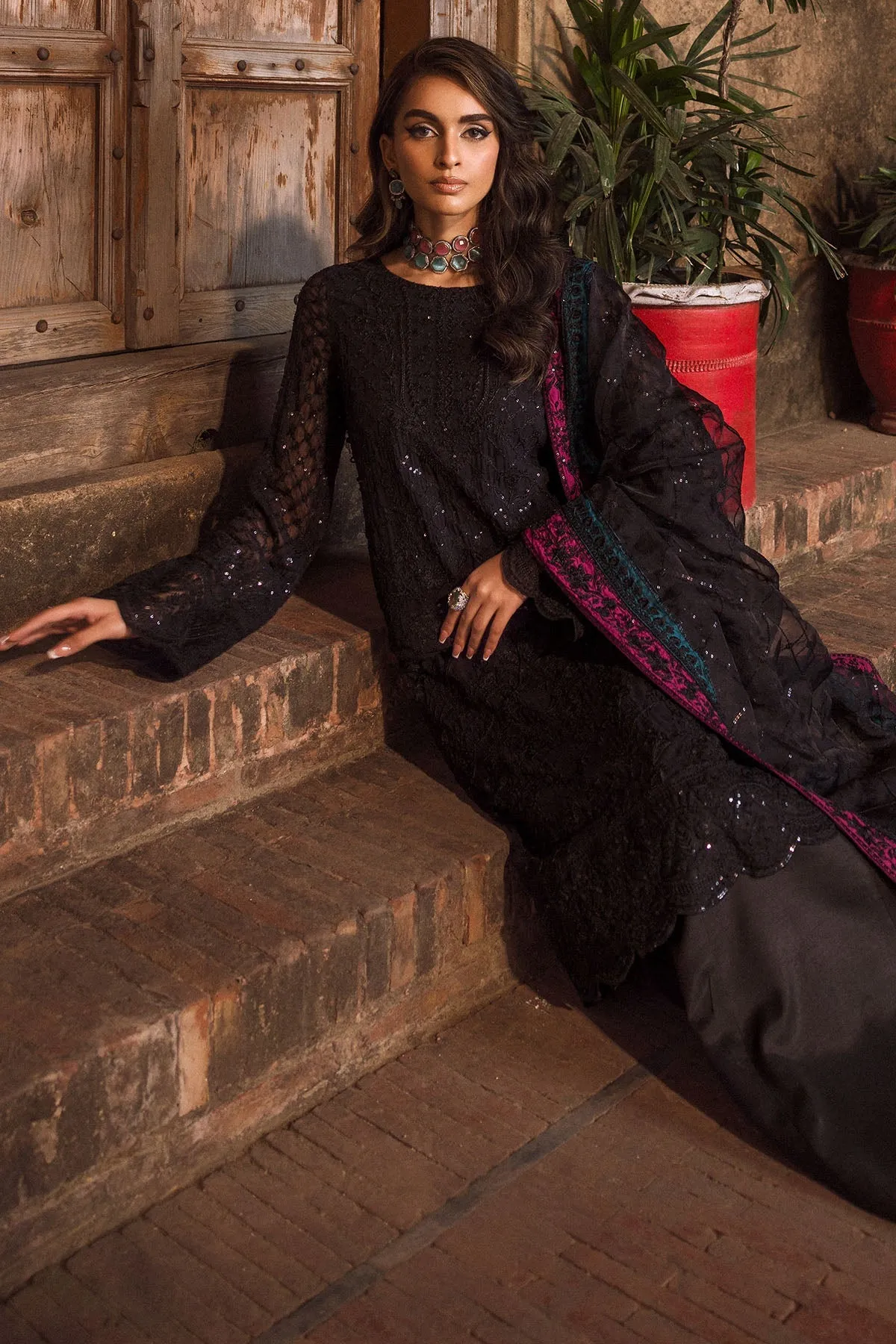 Classic Dark Black Embroidered Chiffon Pakistani Salwar Kameez