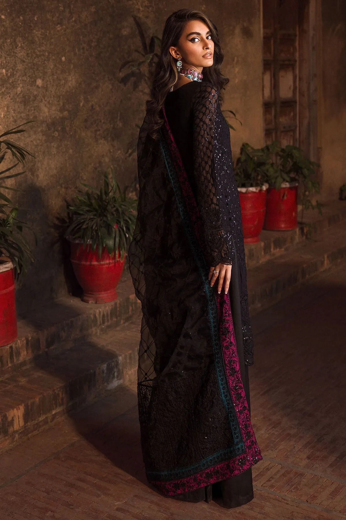 Classic Dark Black Embroidered Chiffon Pakistani Salwar Kameez