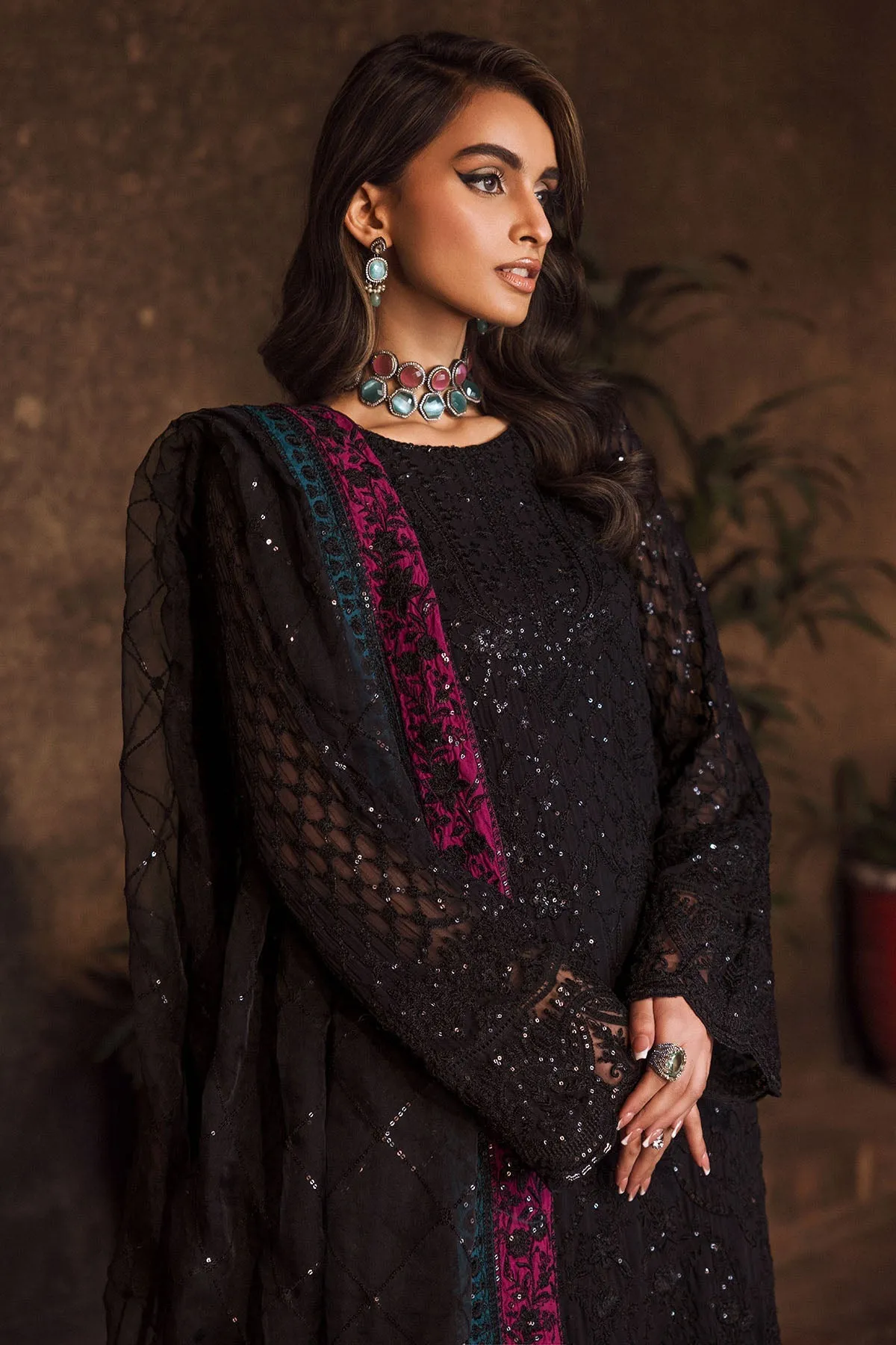 Classic Dark Black Embroidered Chiffon Pakistani Salwar Kameez