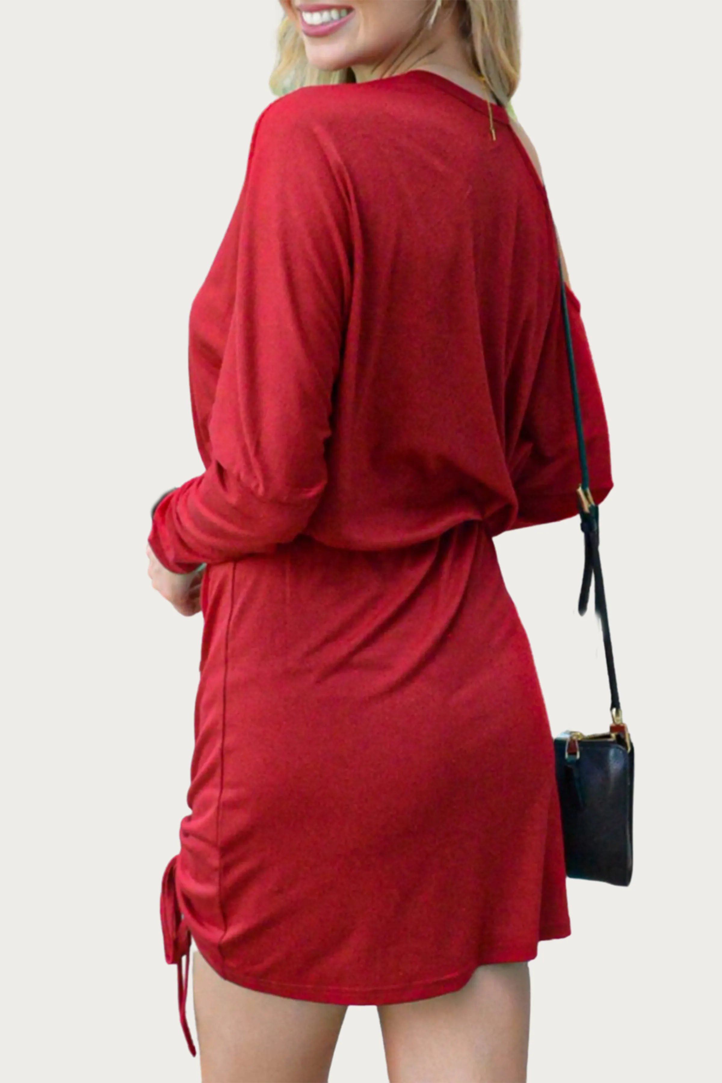 COLD-SHOULDER RUCHED KNIT MINI DRESS