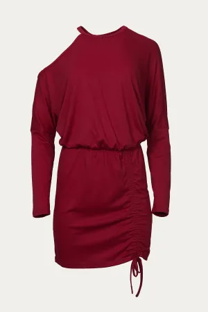COLD-SHOULDER RUCHED KNIT MINI DRESS