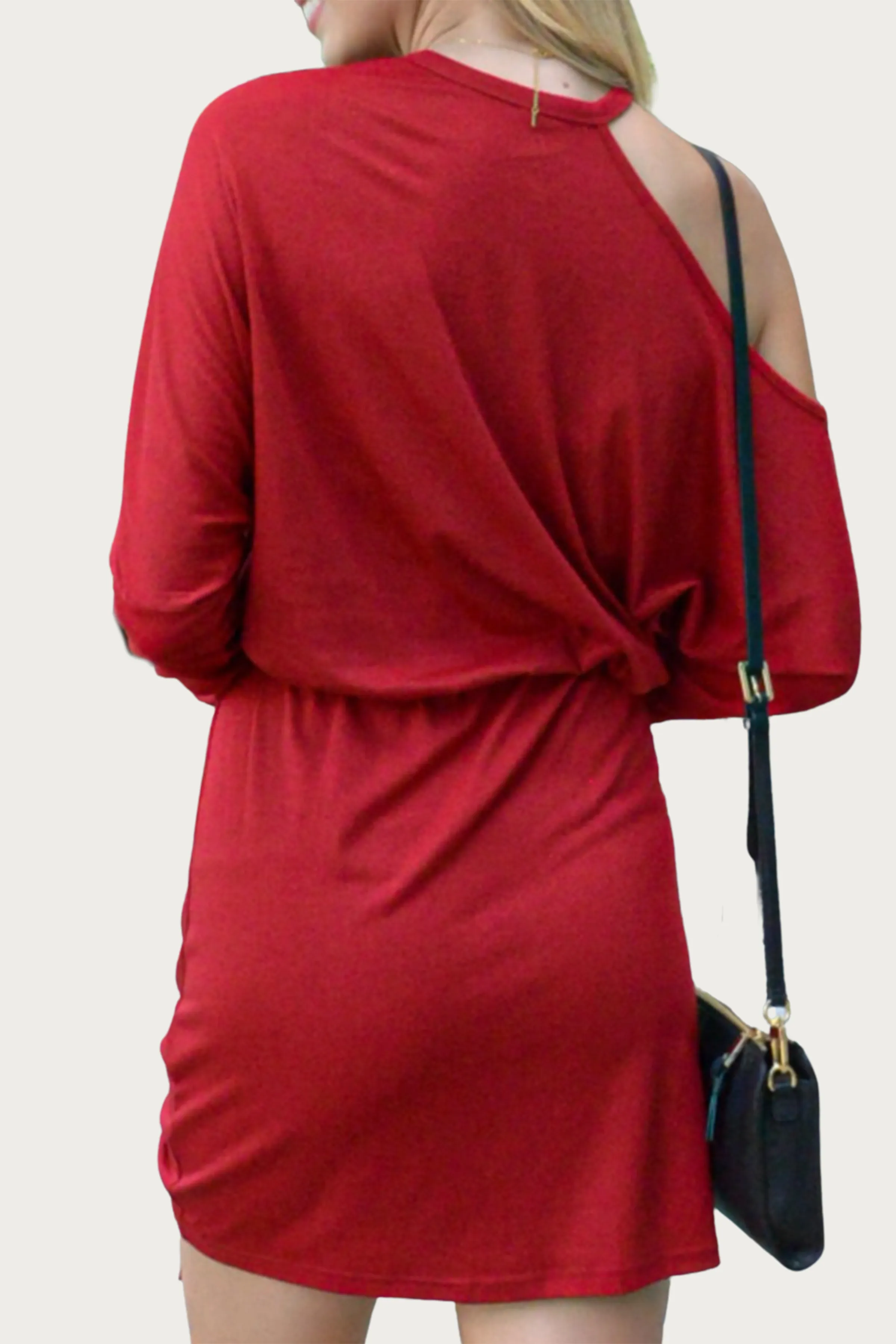COLD-SHOULDER RUCHED KNIT MINI DRESS