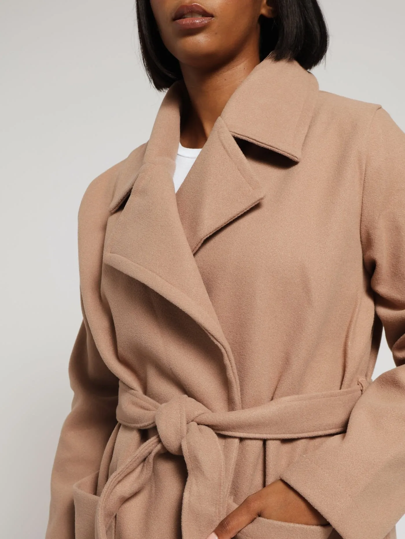 Collared Belted Melton Coat - Taupe