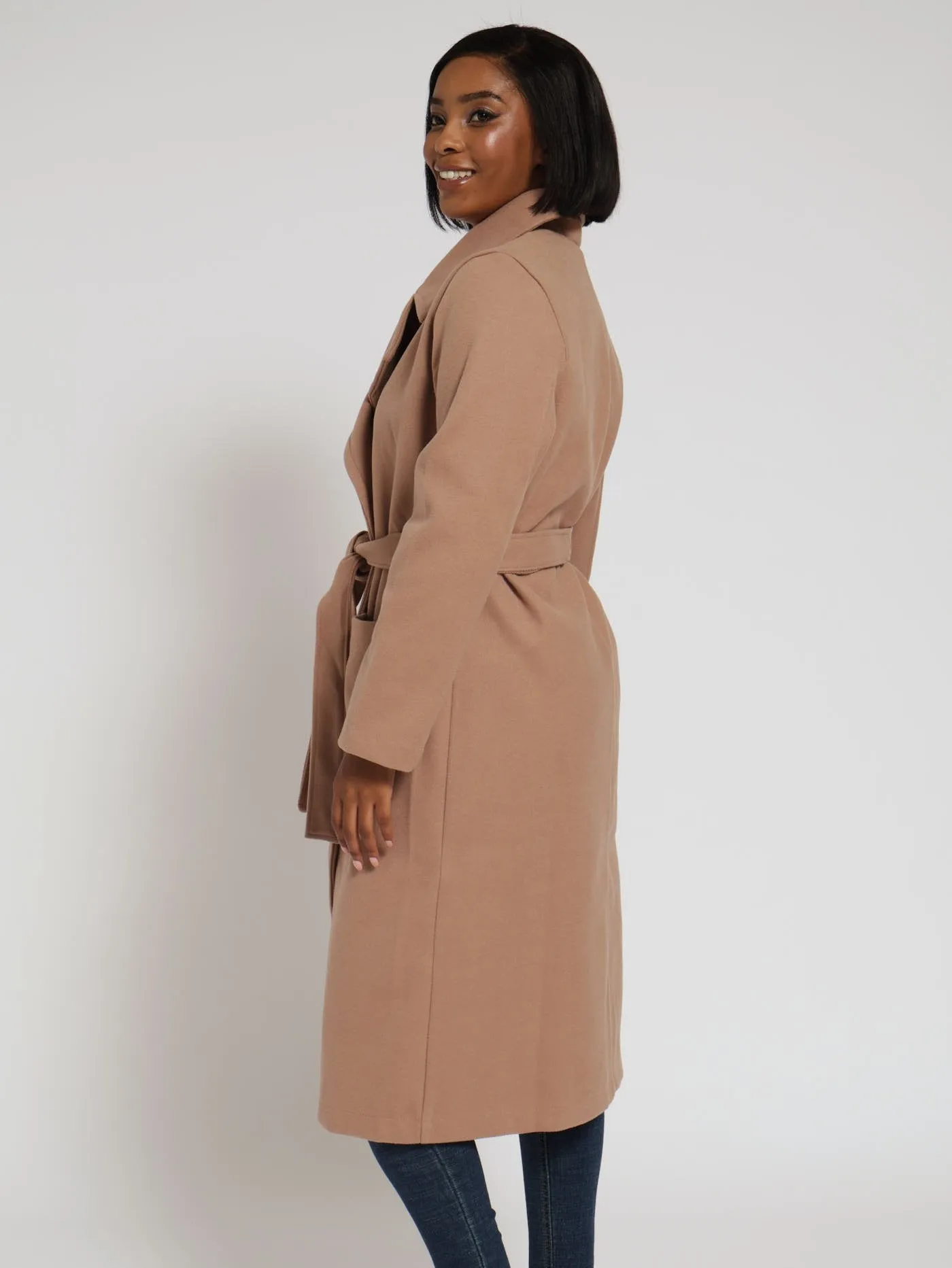 Collared Belted Melton Coat - Taupe