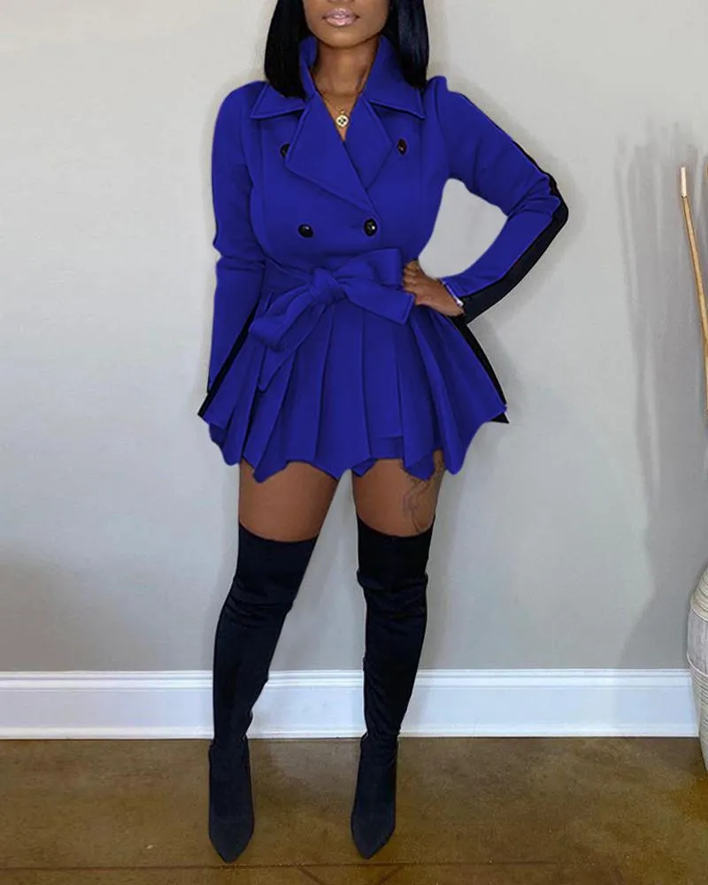 Colorblock Asymmetrical Hem Double Breasted Belted Coat