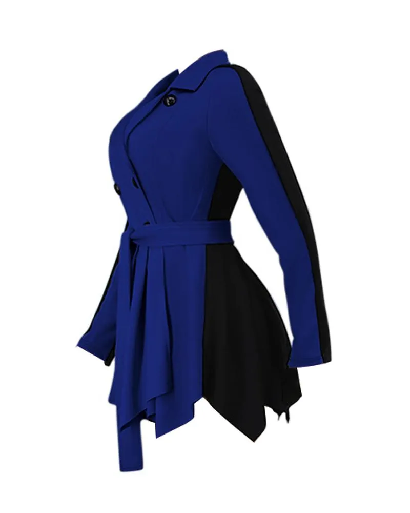 Colorblock Asymmetrical Hem Double Breasted Belted Coat