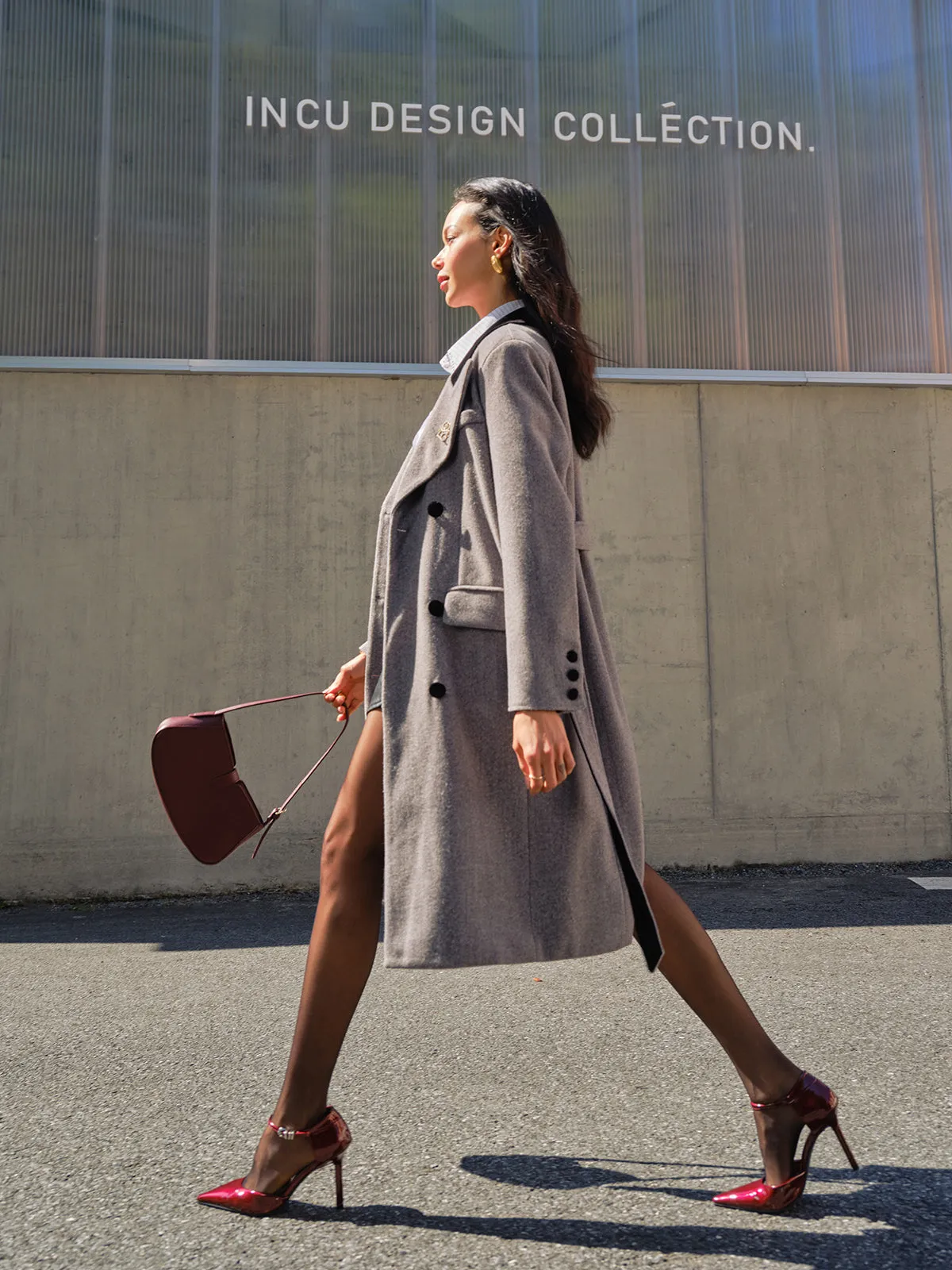 Contrast Collar Belted Tweed Coat