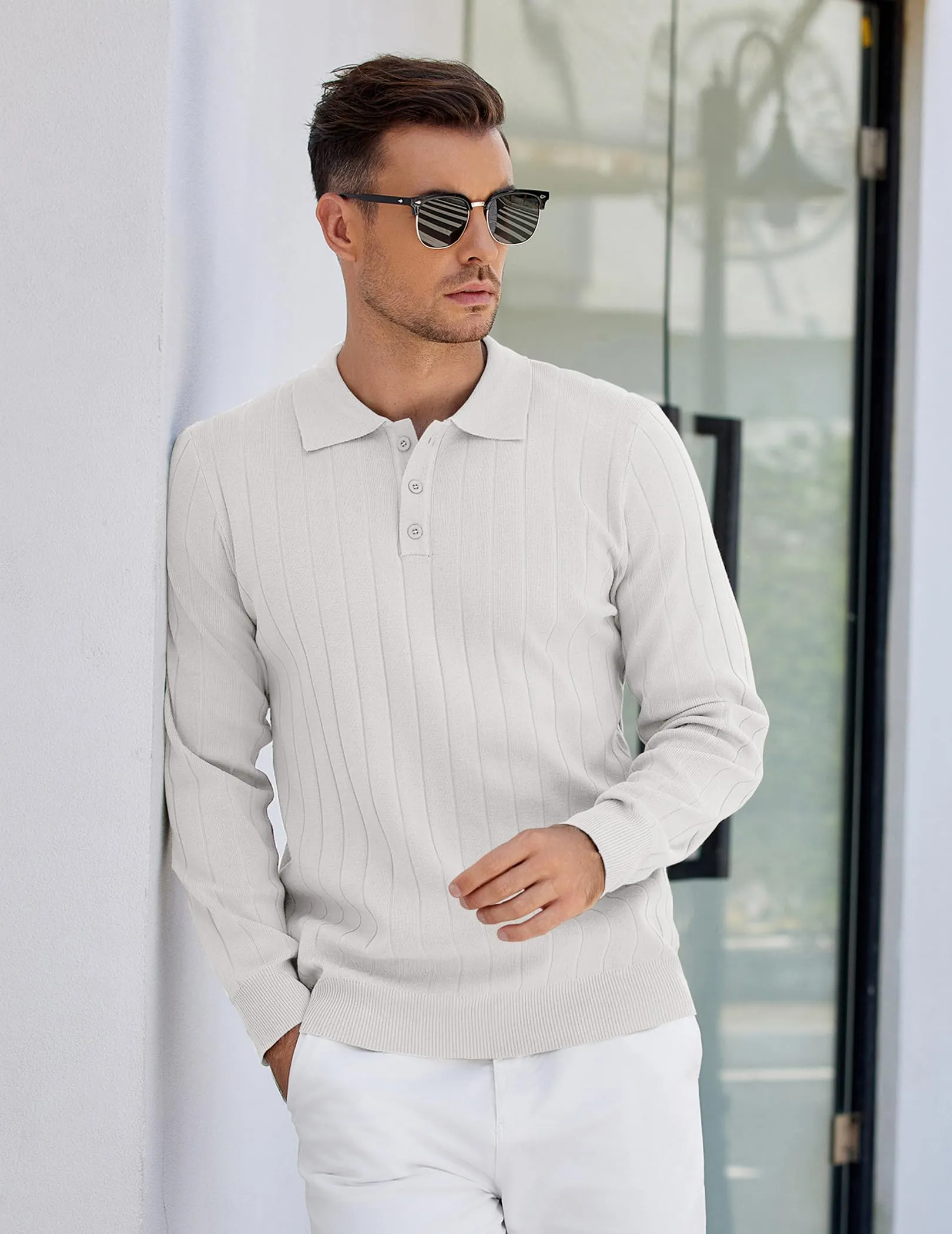 COOFANDY Mens Knit Polo Sweater Long Sleeve Polos Lightweight Casual Dress Pullover Sweaters