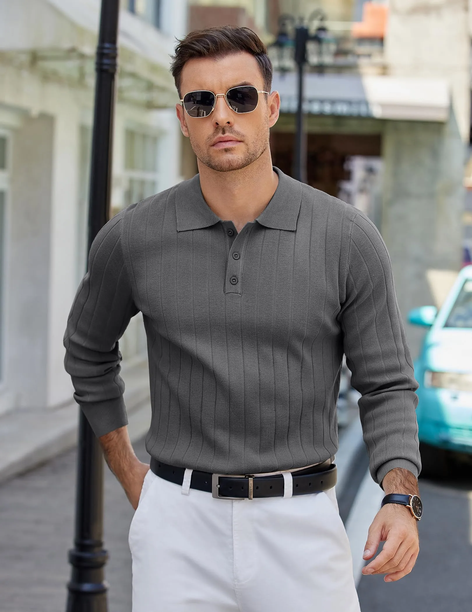 COOFANDY Mens Knit Polo Sweater Long Sleeve Polos Lightweight Casual Dress Pullover Sweaters