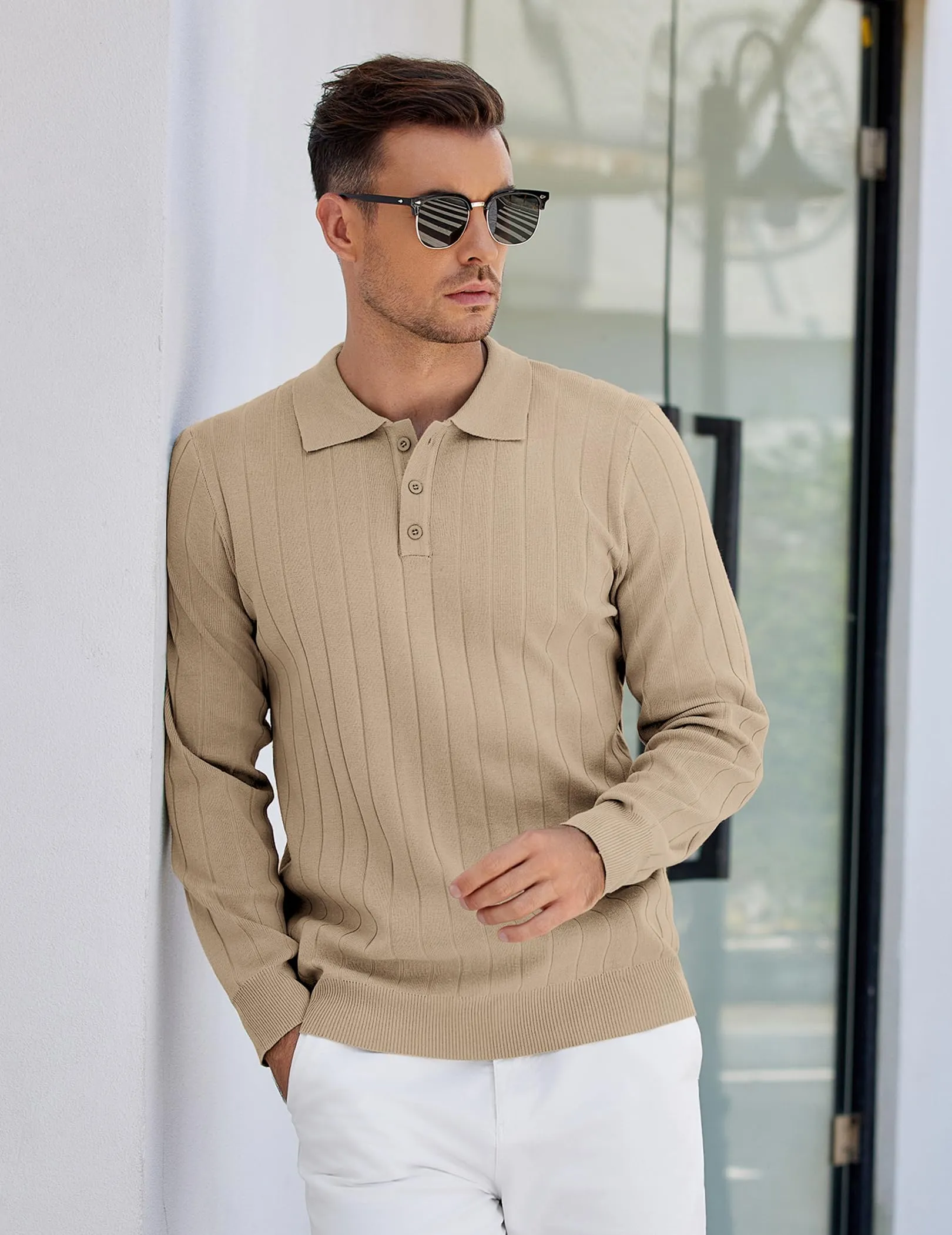 COOFANDY Mens Knit Polo Sweater Long Sleeve Polos Lightweight Casual Dress Pullover Sweaters