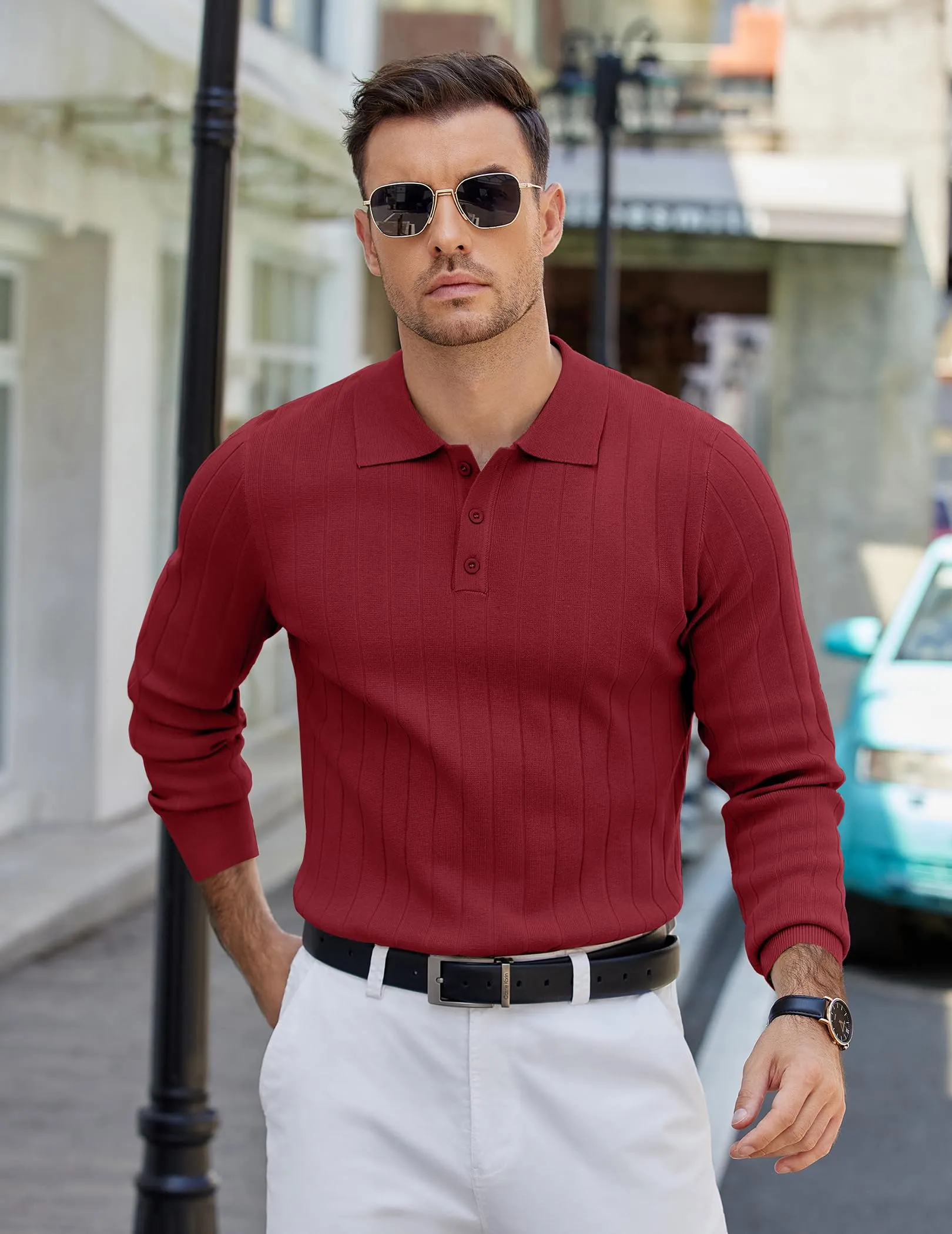 COOFANDY Mens Knit Polo Sweater Long Sleeve Polos Lightweight Casual Dress Pullover Sweaters