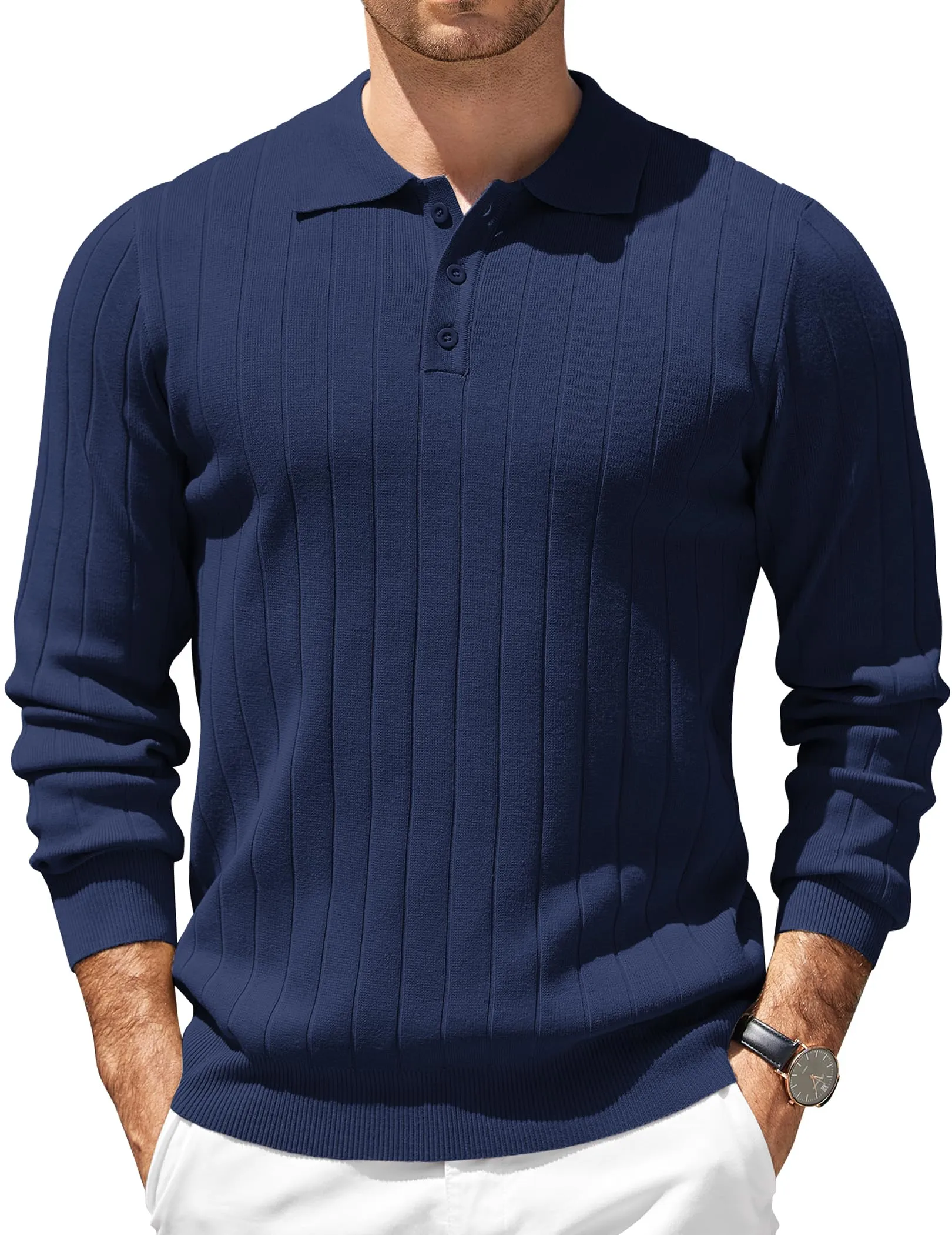 COOFANDY Mens Knit Polo Sweater Long Sleeve Polos Lightweight Casual Dress Pullover Sweaters