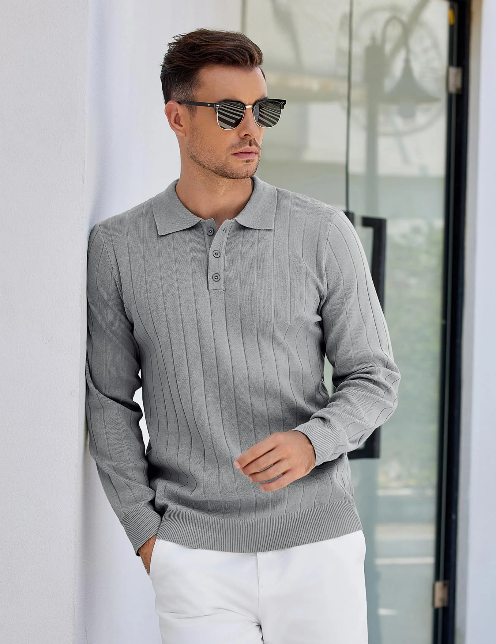 COOFANDY Mens Knit Polo Sweater Long Sleeve Polos Lightweight Casual Dress Pullover Sweaters