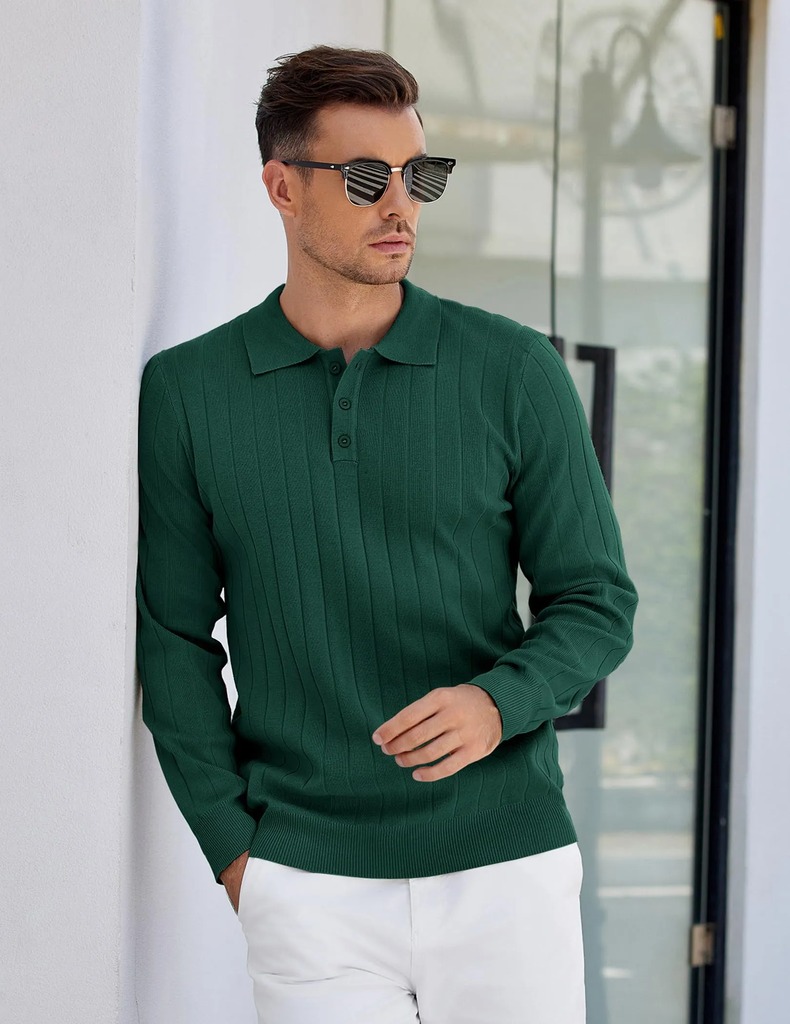 COOFANDY Mens Knit Polo Sweater Long Sleeve Polos Lightweight Casual Dress Pullover Sweaters