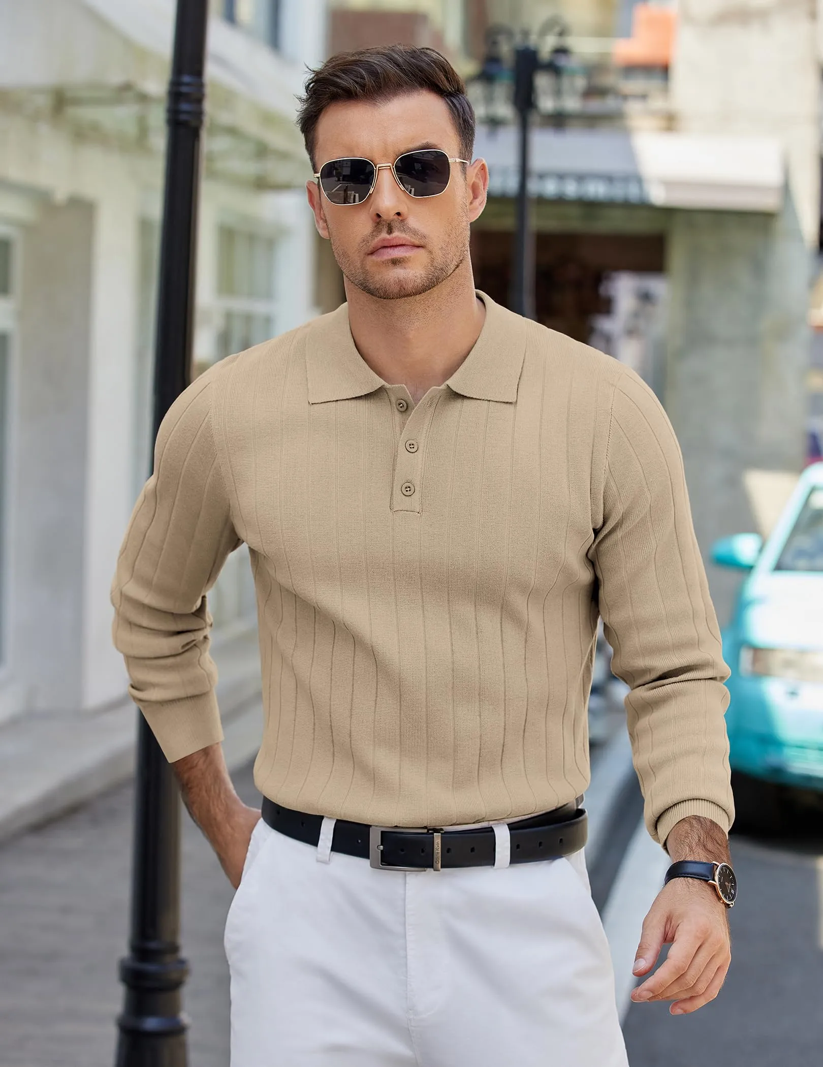 COOFANDY Mens Knit Polo Sweater Long Sleeve Polos Lightweight Casual Dress Pullover Sweaters