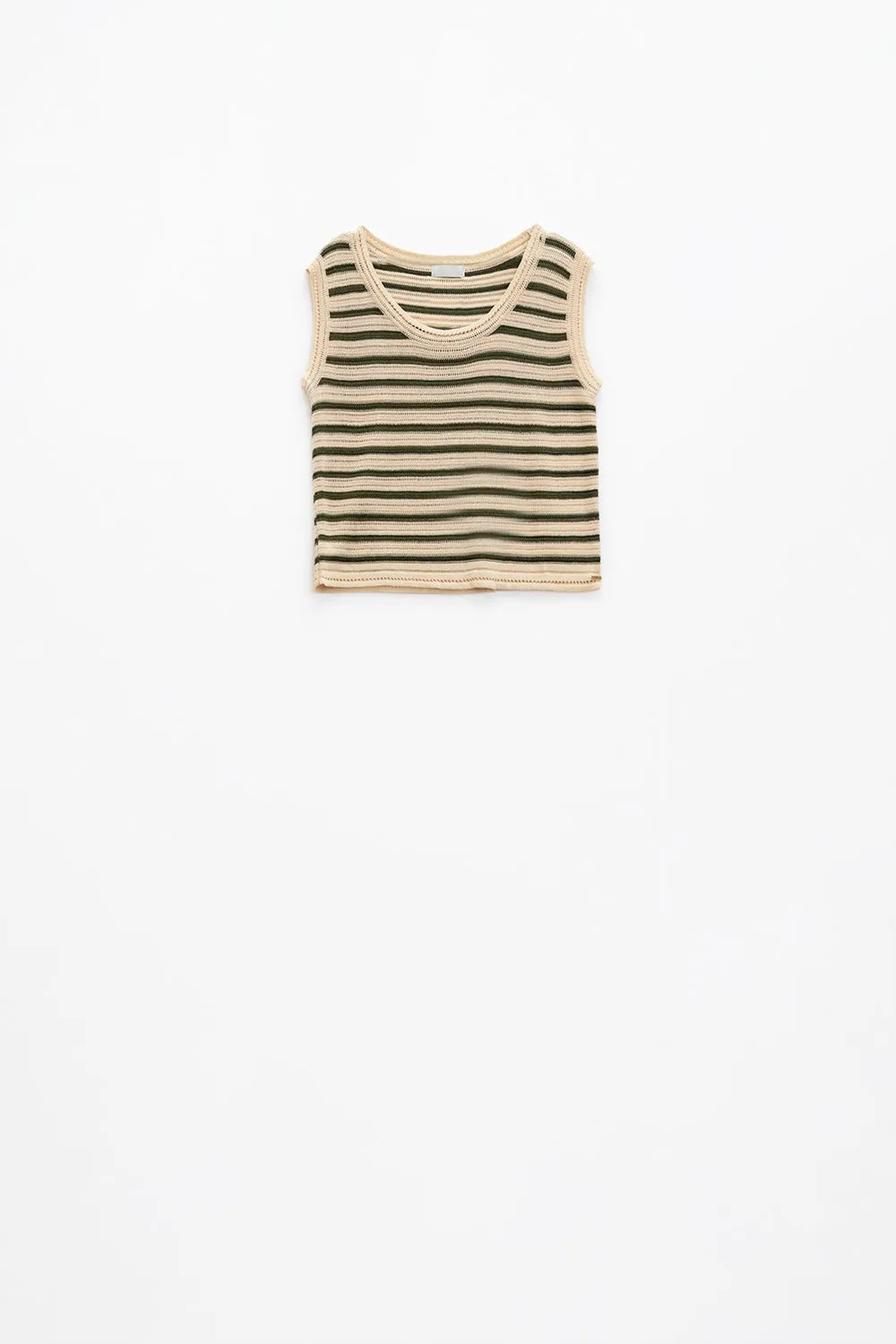 Cream sleeveless knit top with khaki stripes