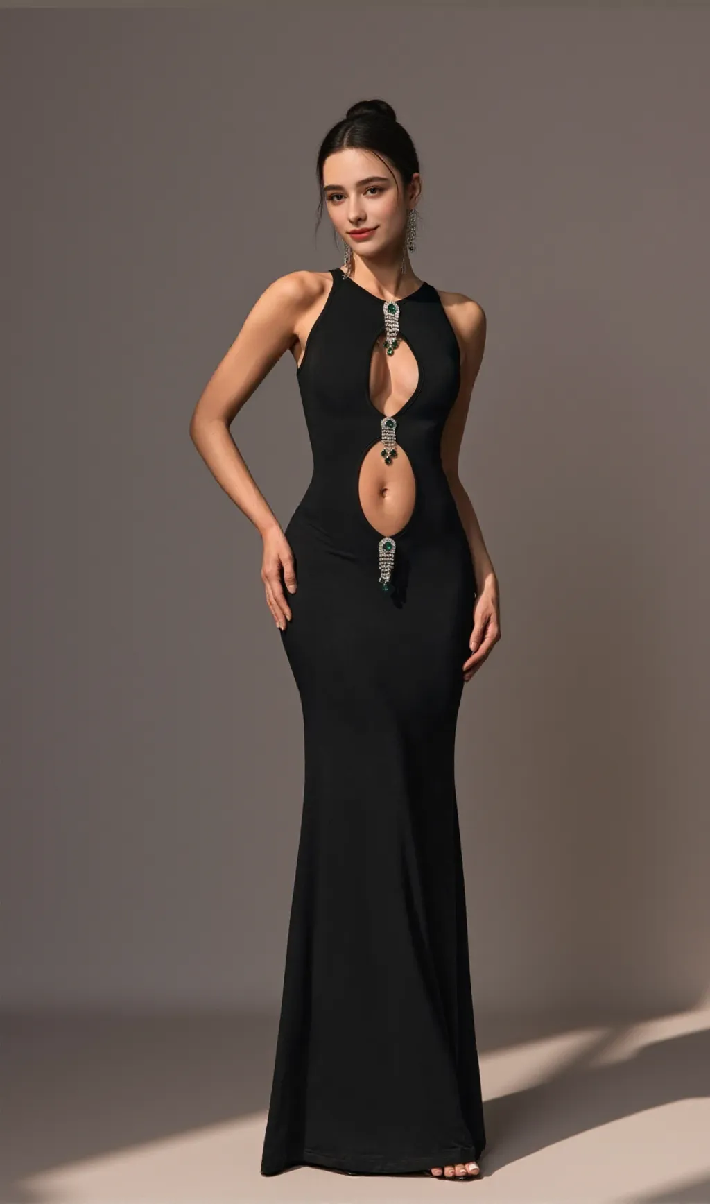 Crystal Embellished Cutout Maxi Dress in black