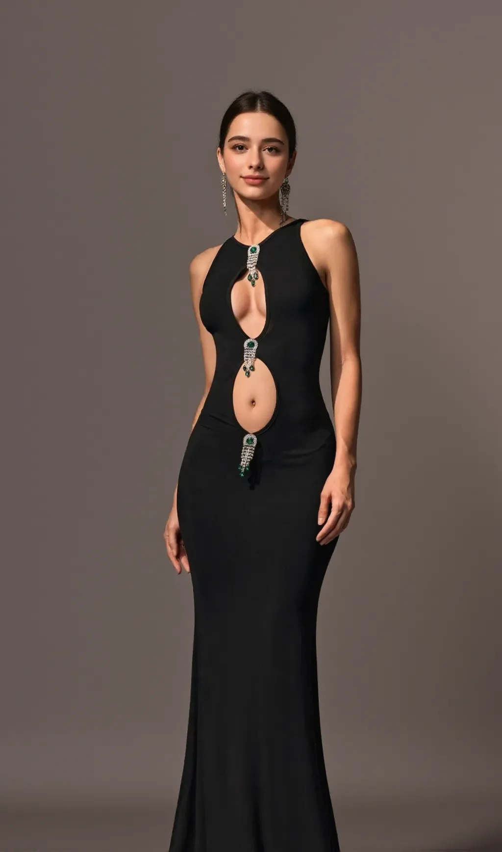 Crystal Embellished Cutout Maxi Dress in black