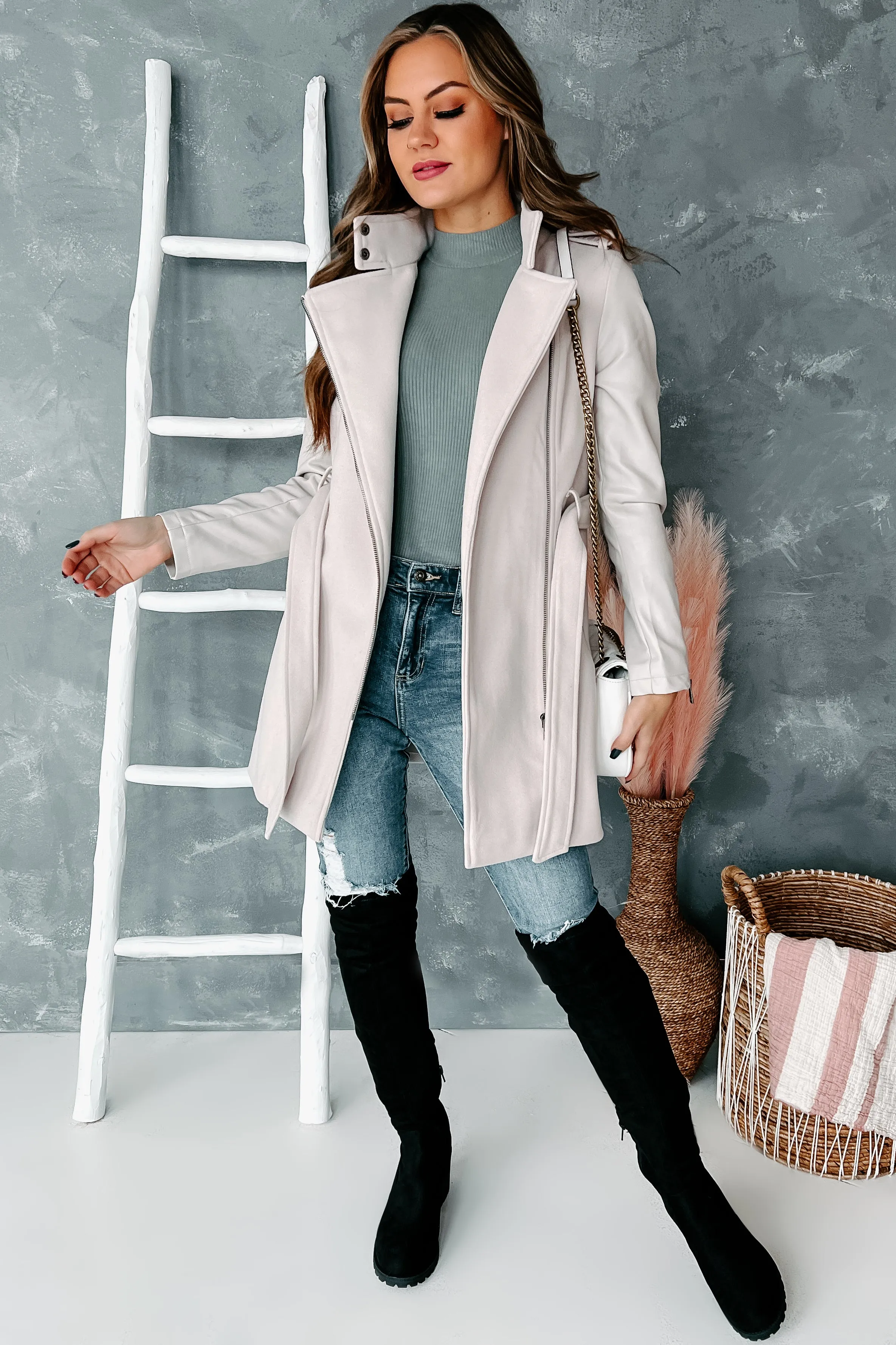 Dangerous Feelings Belted Vegan Leather Coat (Cream)