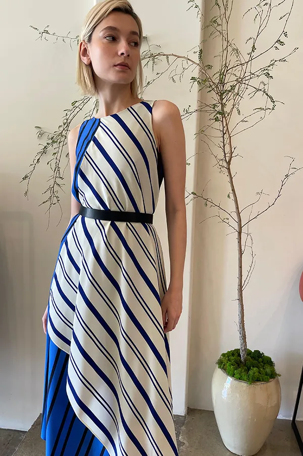 Danuwa Layered Sleeveless Dress in Blue Vanilla Marrone Stripes