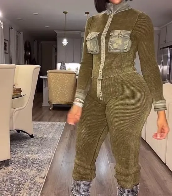 Denim patchwork pocket trousers suit