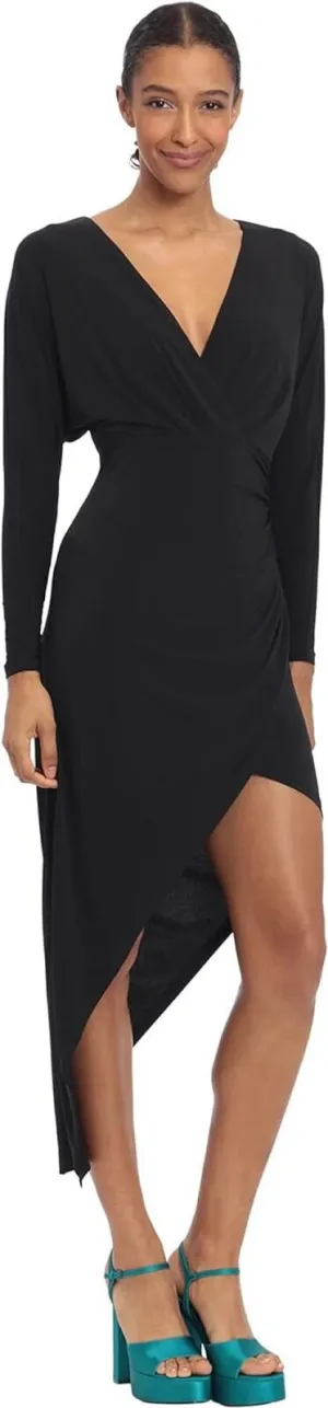 Donna Morgan Women's Long Sleeve Faux Wrap Asymmetric Hem Dress D8259M Black 8