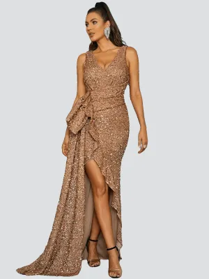 Draped Asymmetric Gold Sequin Prom Dress XJ1643