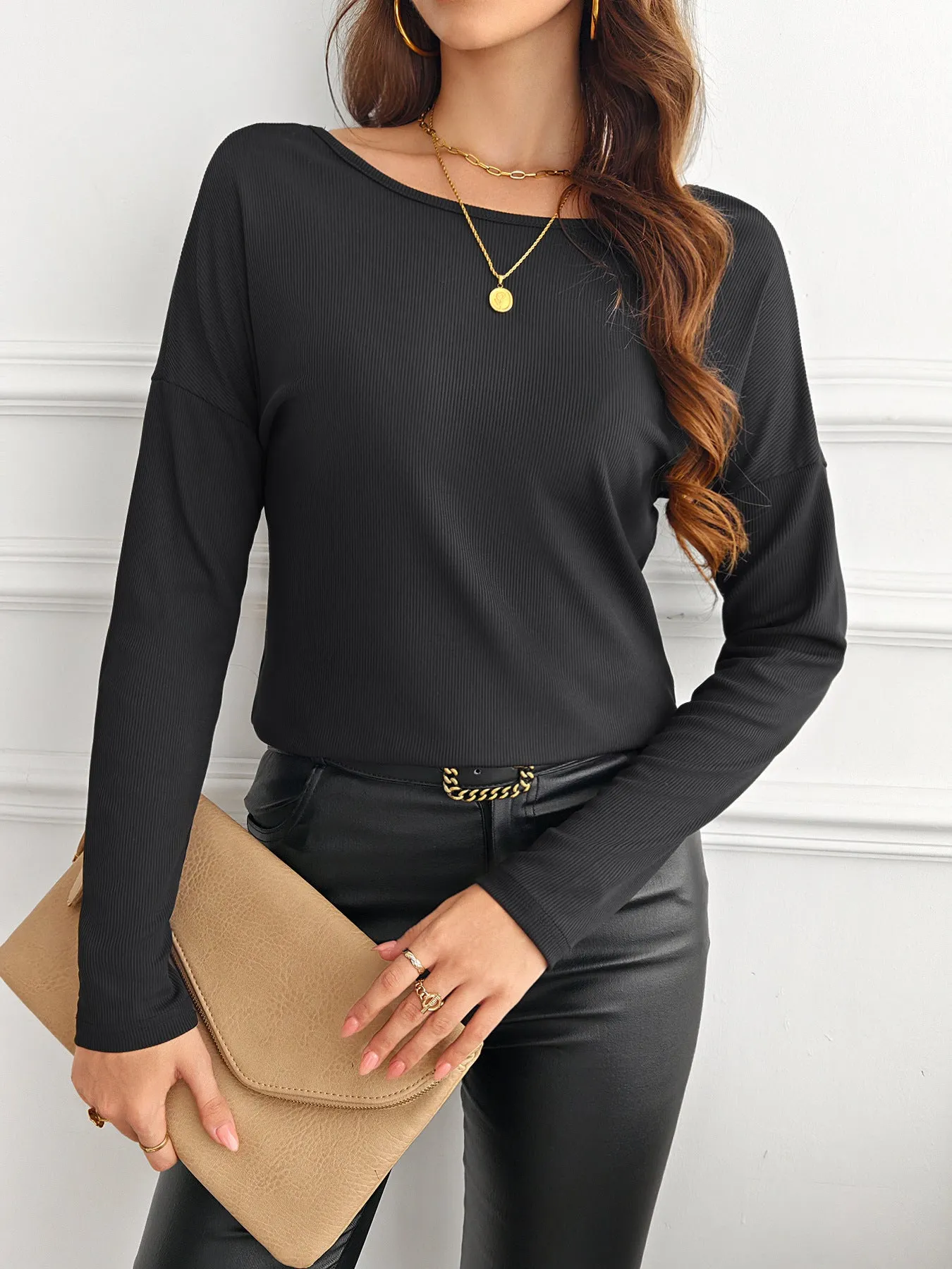 Effortlessly Elegant Ribbed Long Sleeve Top with Back Floral Patchwork