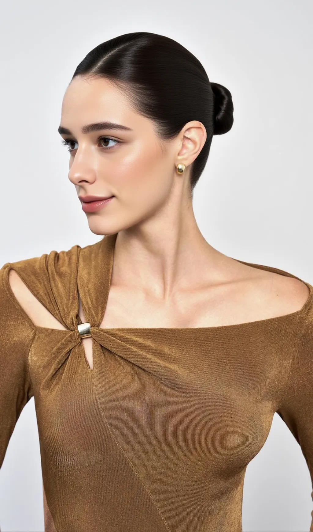 Eleanor Sheath Asymmetric Neck Taffeta Midi Dress in brown