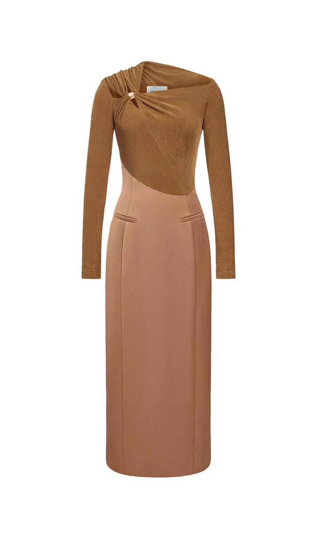 Eleanor Sheath Asymmetric Neck Taffeta Midi Dress in brown