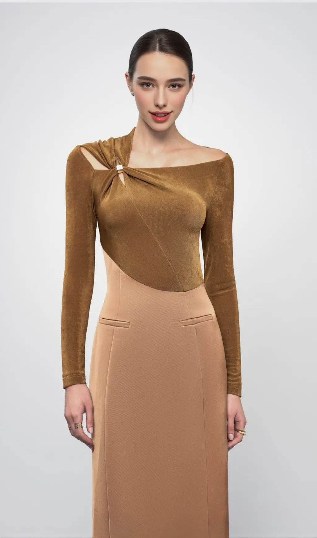 Eleanor Sheath Asymmetric Neck Taffeta Midi Dress in brown