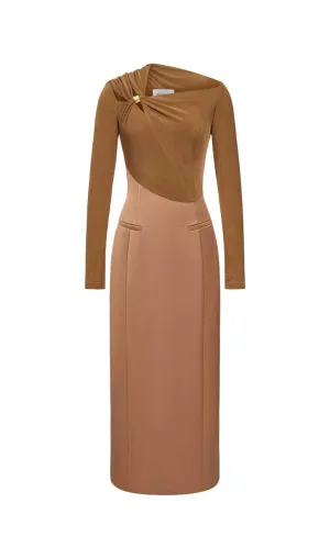 Eleanor Sheath Asymmetric Neck Taffeta Midi Dress in brown