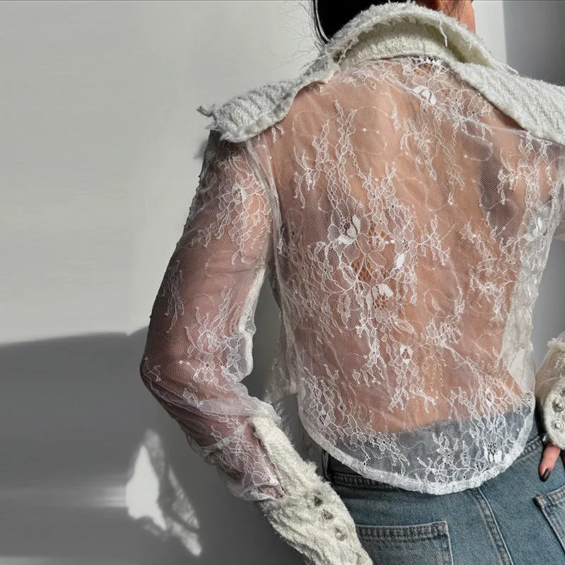 Elegant  Autumn &amp; Winter Lace Patchwork See-Through Shirt for a Touch of Sophisticated Sheer Style