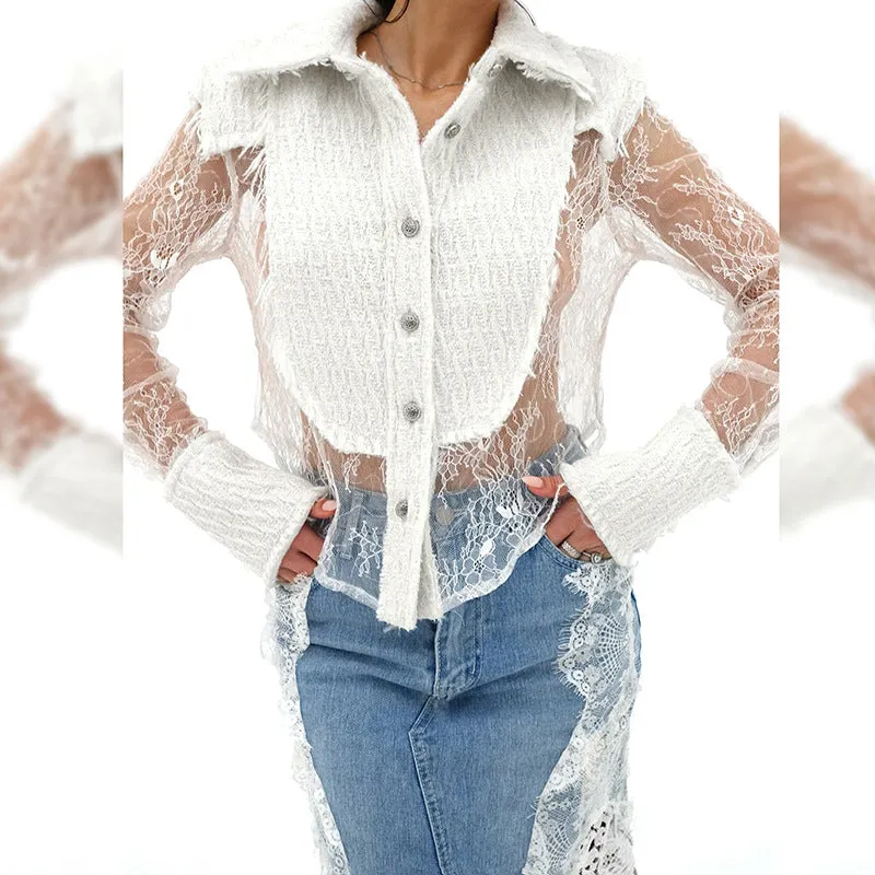 Elegant  Autumn &amp; Winter Lace Patchwork See-Through Shirt for a Touch of Sophisticated Sheer Style