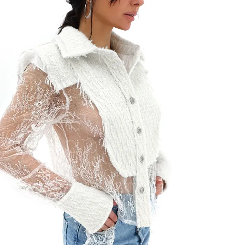 Elegant  Autumn &amp; Winter Lace Patchwork See-Through Shirt for a Touch of Sophisticated Sheer Style