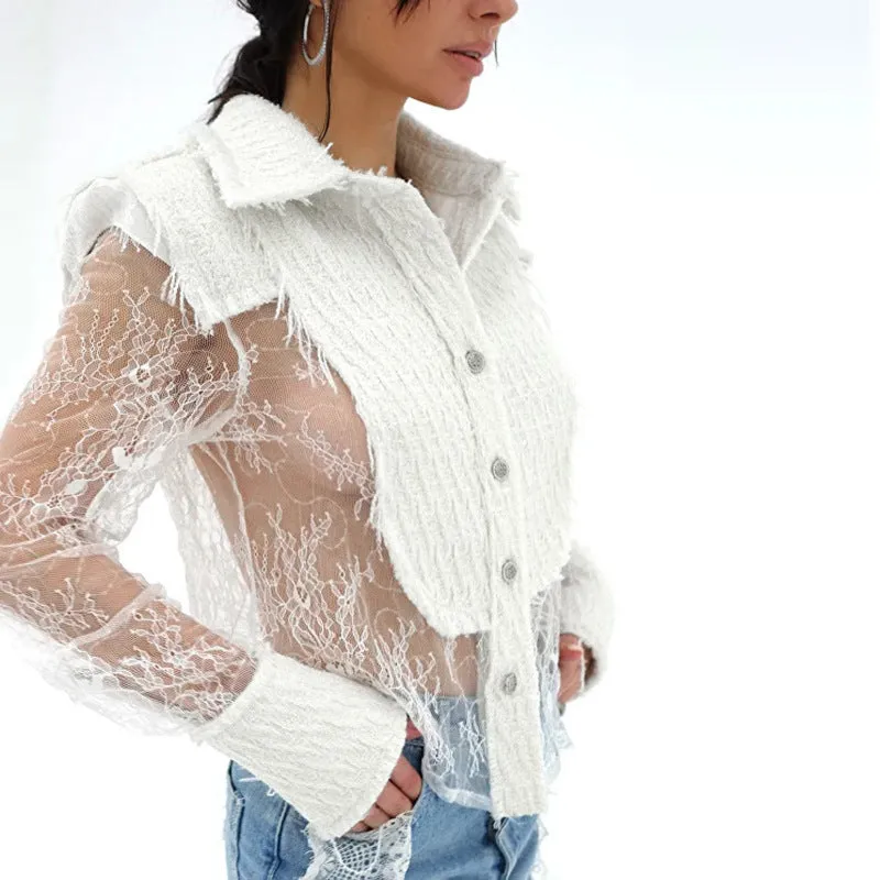 Elegant  Autumn &amp; Winter Lace Patchwork See-Through Shirt for a Touch of Sophisticated Sheer Style