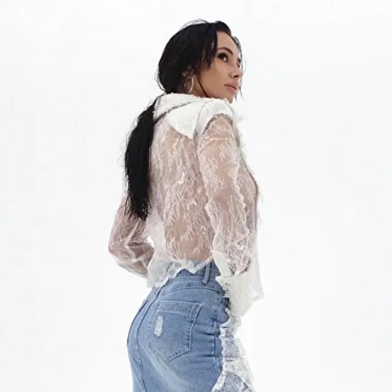 Elegant  Autumn &amp; Winter Lace Patchwork See-Through Shirt for a Touch of Sophisticated Sheer Style